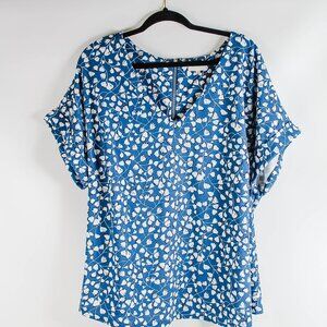 Melloday Blue Floral V-Neck Blouse with Back Zip - Size 2X